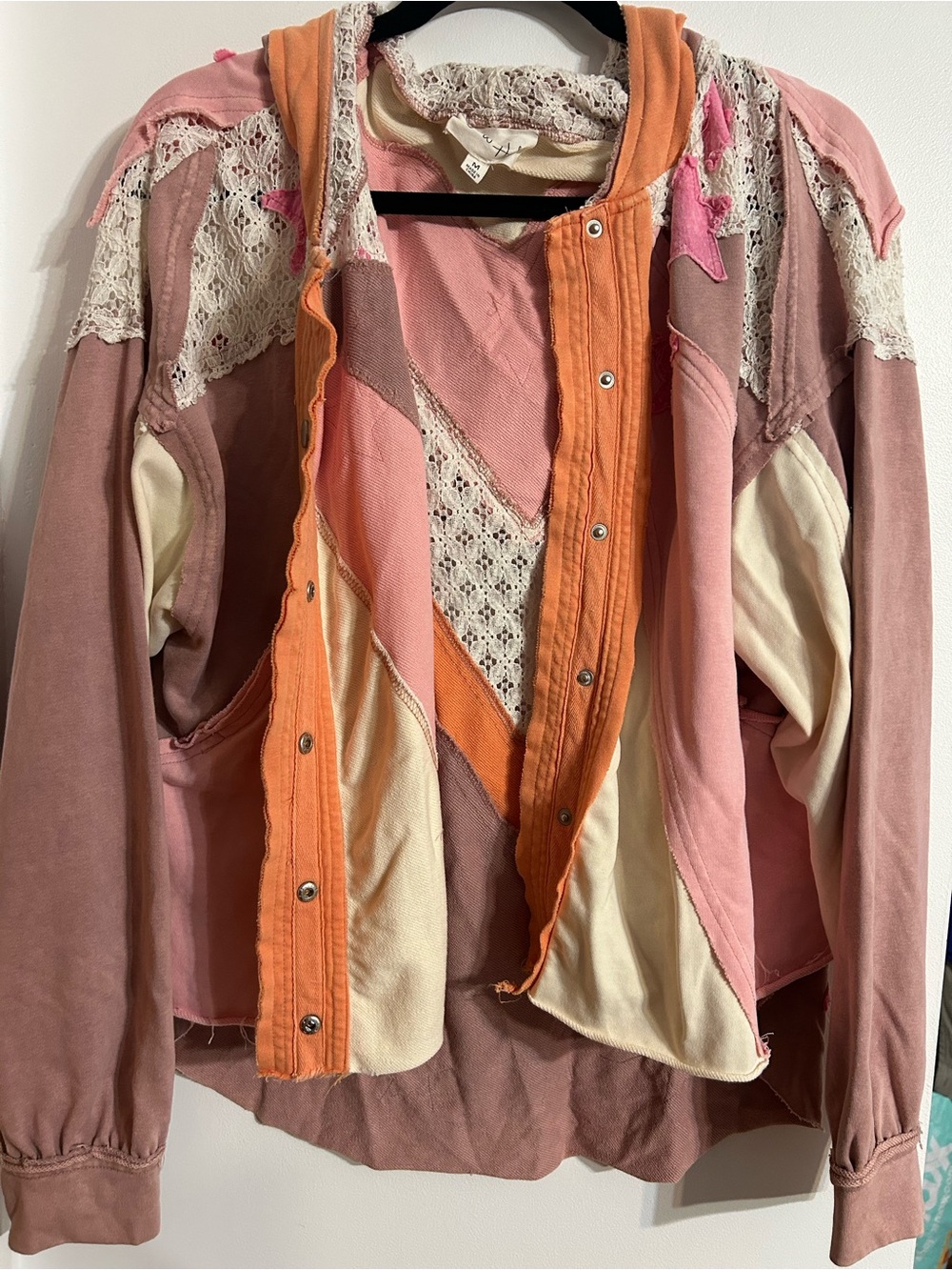 Oli & Hali Pink, Orange & Cream Patchwork Snap-Front Hoodie